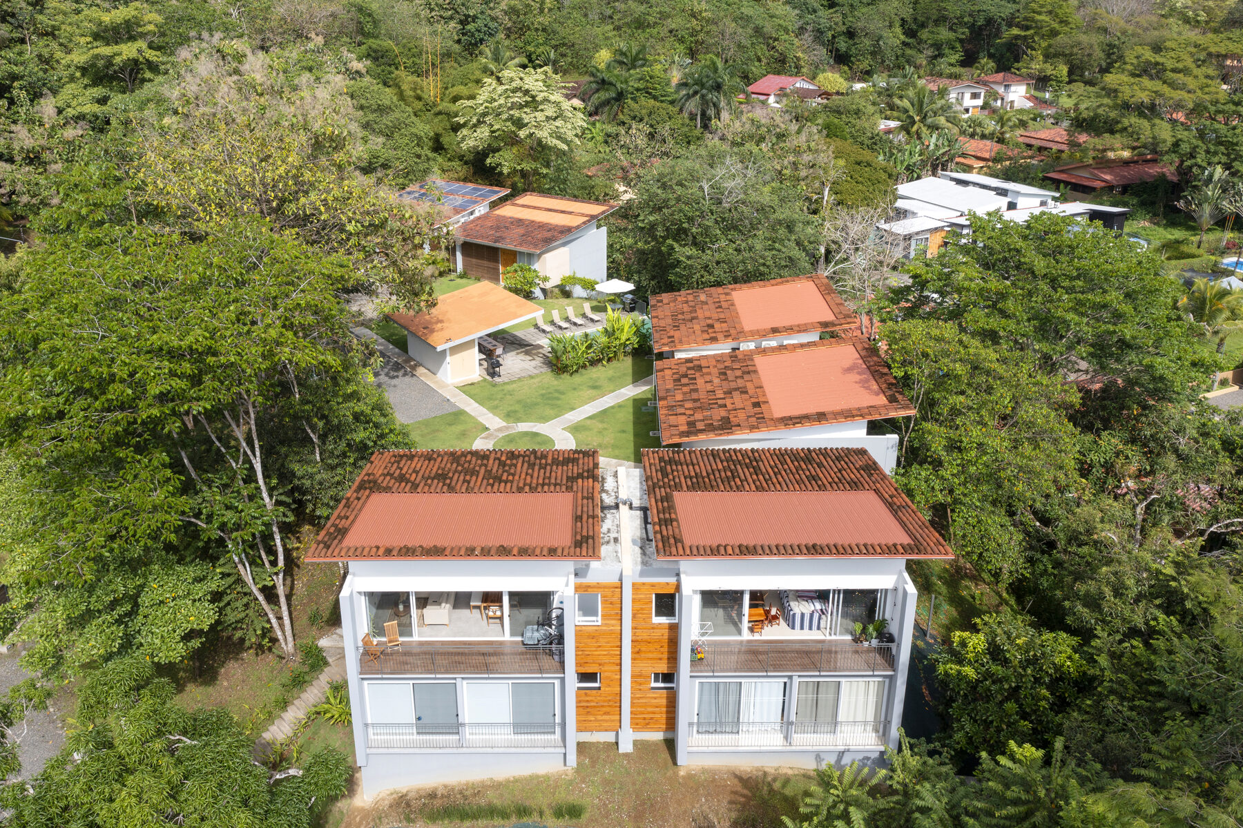 Aerial view with mountain backdrop
