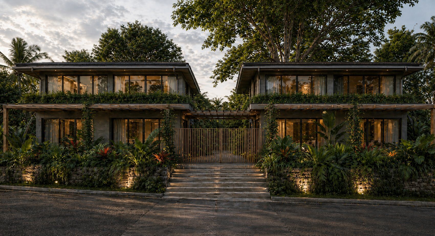 Salvaje 55 — concept render of front entrance at dusk