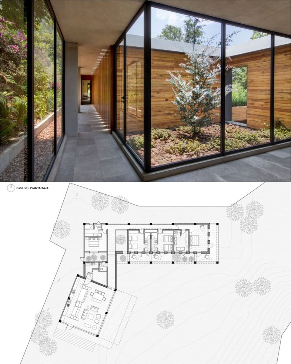Design reference for The Salvaje House — interior courtyard architecture and floor plan